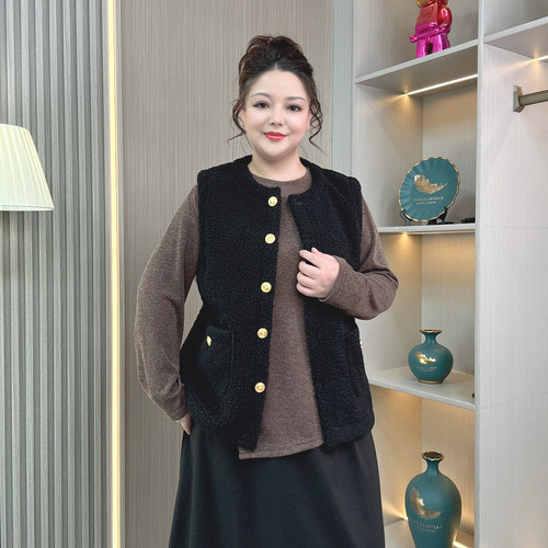 大码胖mm秋冬加厚颗粒绒马甲外套