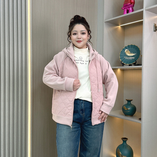 胖mm百搭宽松显瘦连帽上衣短外套 加厚保暖菱格棉衣女大码 冬装 新款