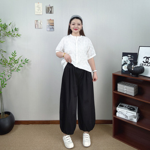 夏季薄款阔腿灯笼裤女大码胖MM松紧腰气球款宽松显瘦九分休闲裤子