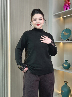 大码女装柔软舒适慕斯绒打底衫胖mm冬季时尚蕾丝拼接长袖T恤上衣