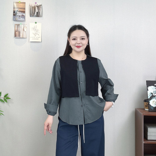 假两件拼色长袖衬衫女大码打底衫