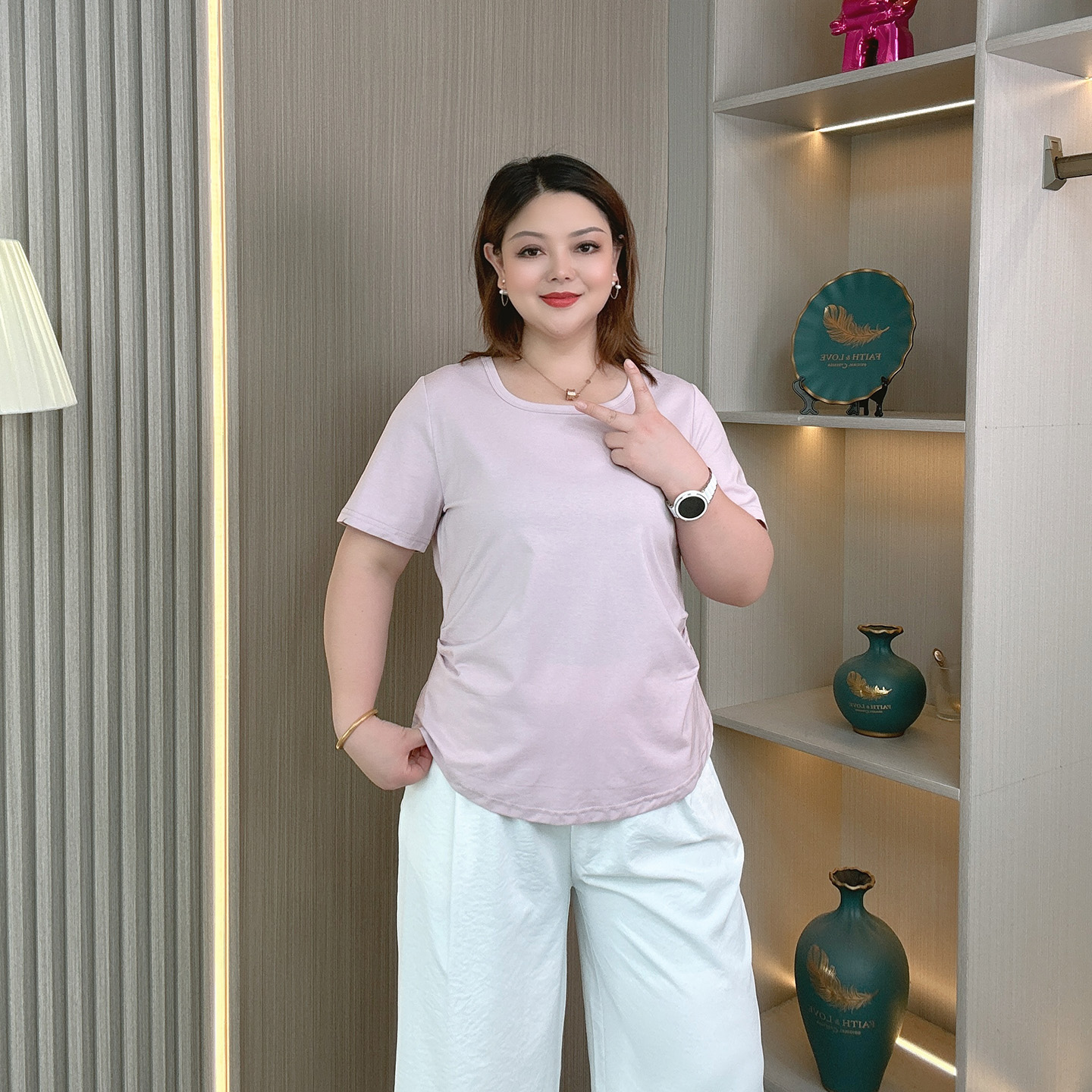 大码女装胖mm夏季U领短袖T恤上衣