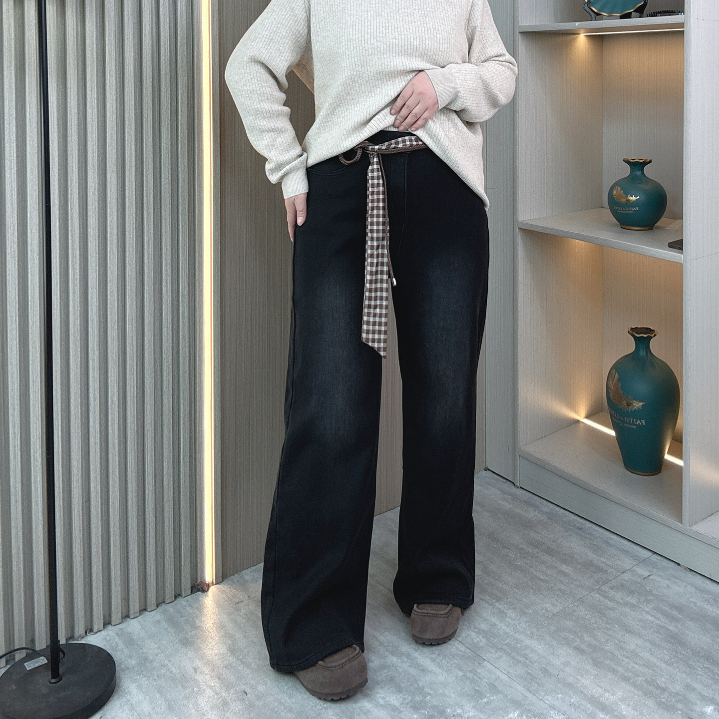 大码女装加绒复古腰带阔腿牛仔裤