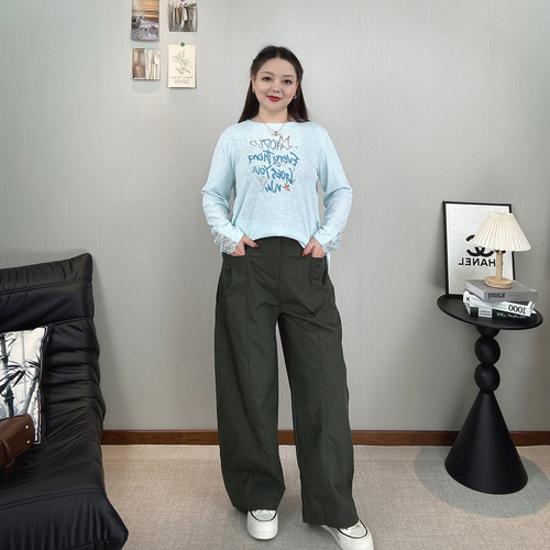 大码松紧高腰阔腿裤女休闲直筒裤