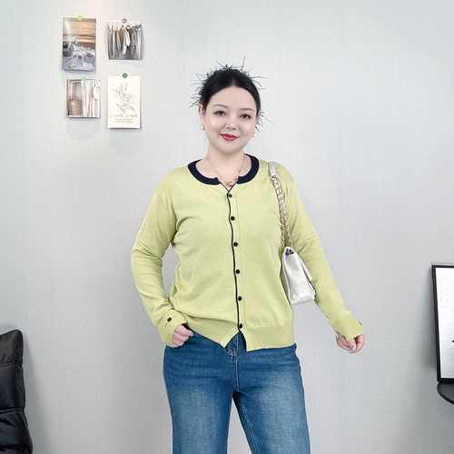 大码拼色针织开衫女毛衣长袖内搭