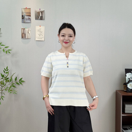 大码条纹短袖针织衫女夏镂空T恤