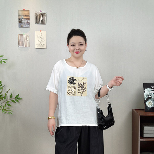 白色印花短袖T恤女大码叶边上衣