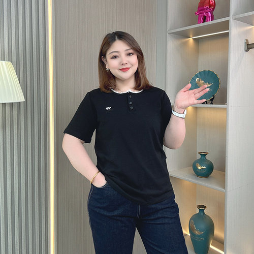 大码微胖短袖T恤女蕾丝花边刺绣