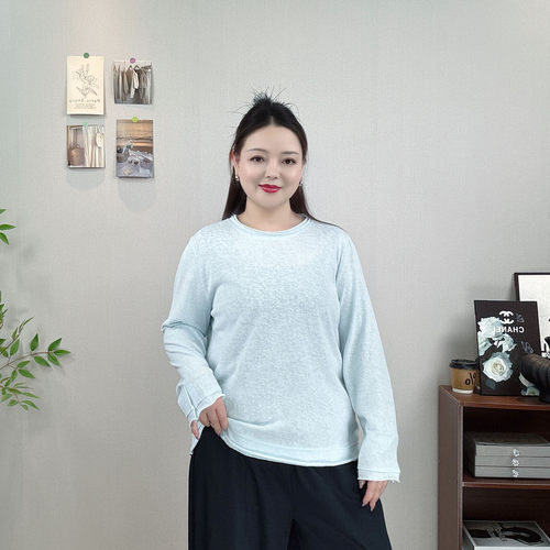 毛边圆领长袖T恤女大码打底衫T恤