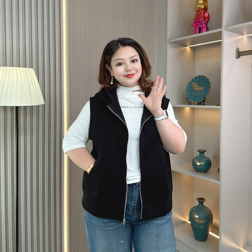 大码胖mm秋装新款无袖连帽马甲