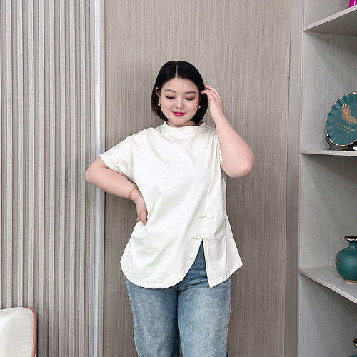 2025春夏大码国风盘扣开叉T恤女