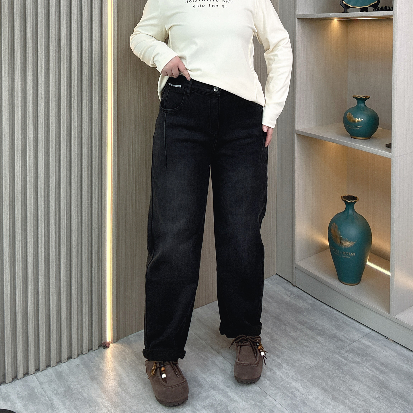 大码女装秋冬加绒保暖显瘦牛仔裤