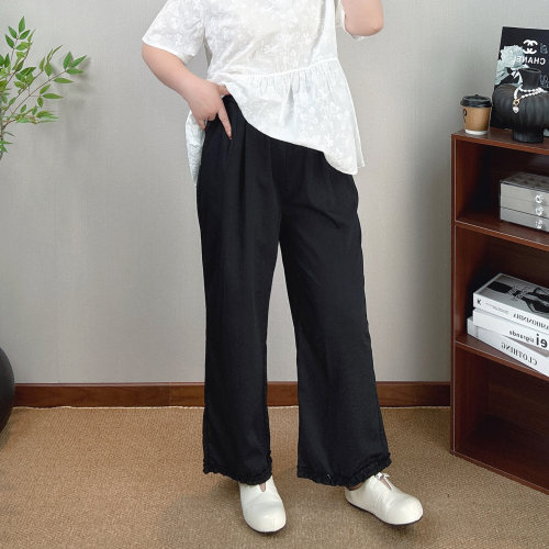 高腰阔腿裤女大码九分花边直筒裤