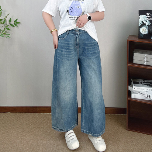 阔腿八分牛仔裤女大码休闲直筒裤