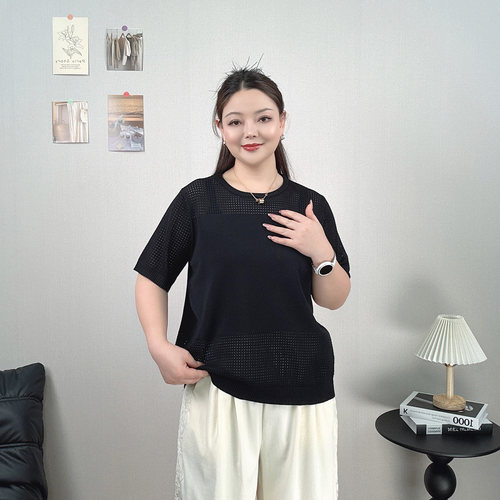 镂空短袖针织衫女T大码冰丝上衣