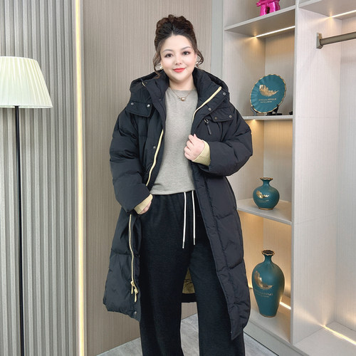 加大码中长款连帽白鸭绒羽绒服女