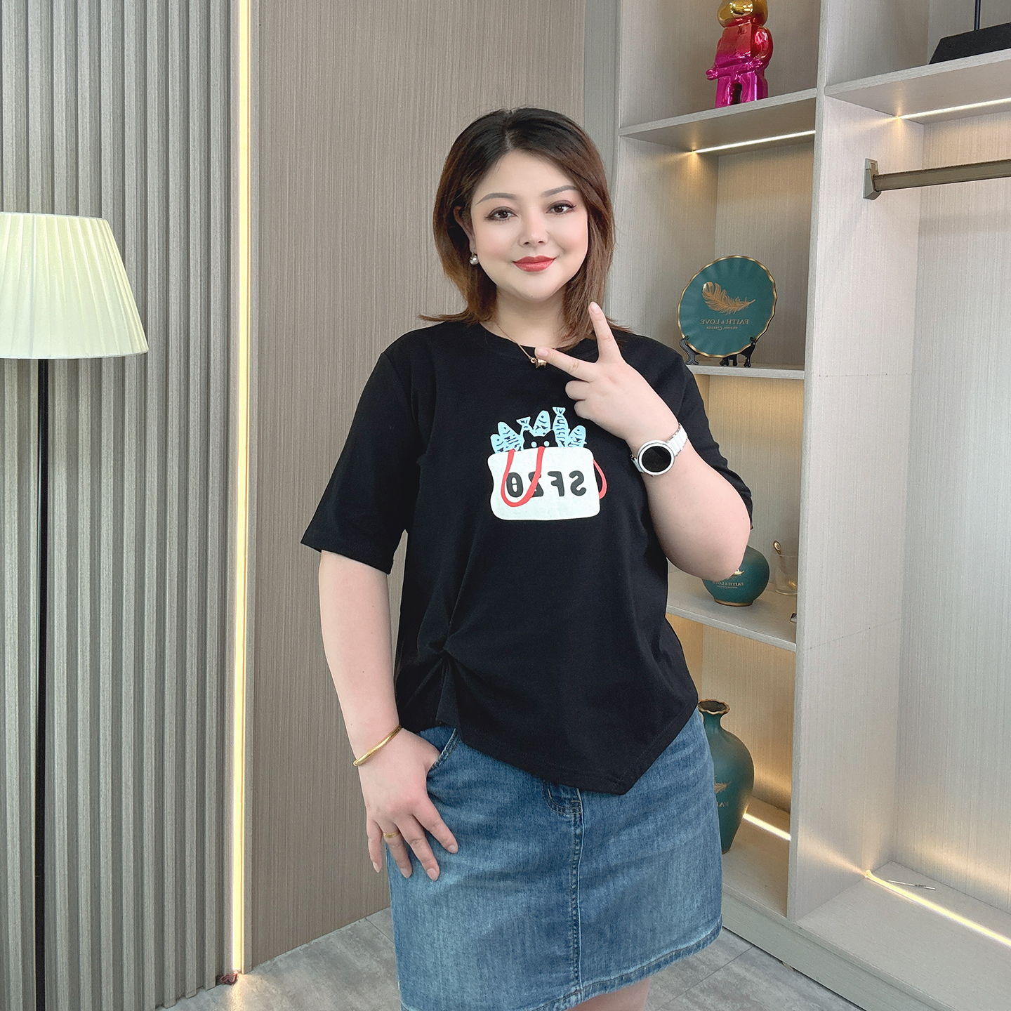 大码女装夏季不规则褶皱短袖T恤