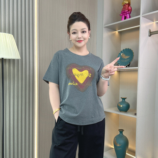 新品 正肩打底衫 大码 T恤女韩版 上衣 胖mm宽松显瘦爱心印花短袖 夏装