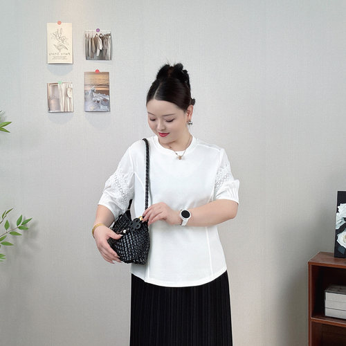 大码白色短袖T恤女蕾丝拼接上衣