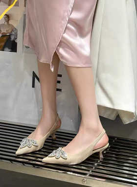 新款水钻蝴蝶结法式后空包头浅口凉鞋舒适日常百搭小低跟21208-6