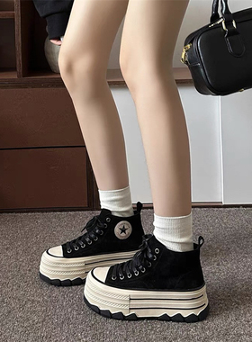 欧货牛反绒真皮高帮厚底板鞋女撤柜增高小个子松糕底百搭3201-33