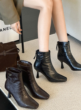 真皮瘦瘦靴细高跟时装靴后拉链软面法式气质尖头显瘦短靴5M2705A
