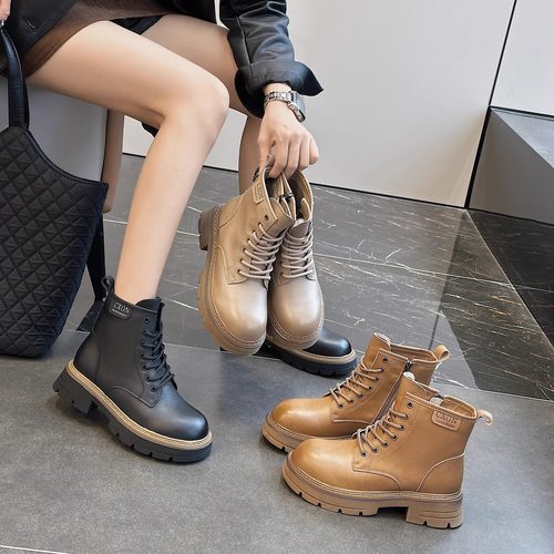 希希家牛皮厚底单里马丁靴橡胶底防滑时尚洋气女式短靴系带23-95