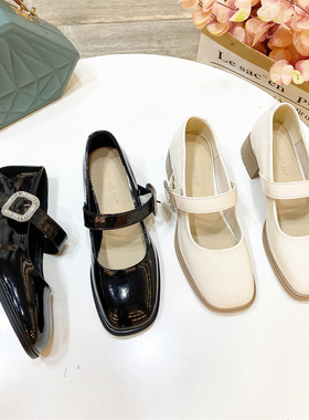 希希家国风牛漆皮浅口粗跟一字带玛丽珍方跟单鞋舒适女鞋B705016