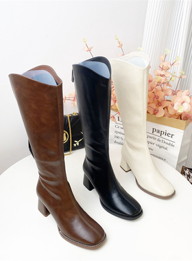 希希家时尚气质洋气粗跟方头方跟长靴女时装冬季骑士靴F21D21246