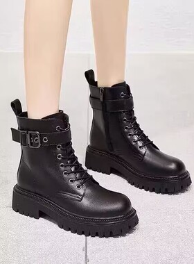 希希家 加绒牛皮厚底马丁靴橡胶底防滑时尚洋气女工短靴系带8801B