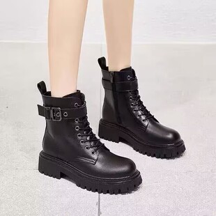 希希家 加绒牛皮厚底马丁靴橡胶底防滑时尚洋气女工短靴系带8801B
