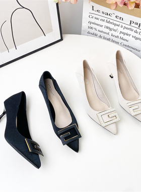 高跟单鞋时尚百搭尖头浅口中跟纯色日常韩版秀气女鞋SS22A1710