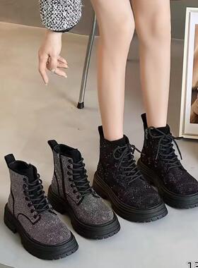 重工水钻厚底单里增高马丁靴女秋冬新款网红爆款侧拉链短靴132009