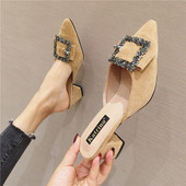 试衣间女鞋 .韩版 百搭网红方扣水钻鞋 2026新款 粗跟高跟半托女鞋