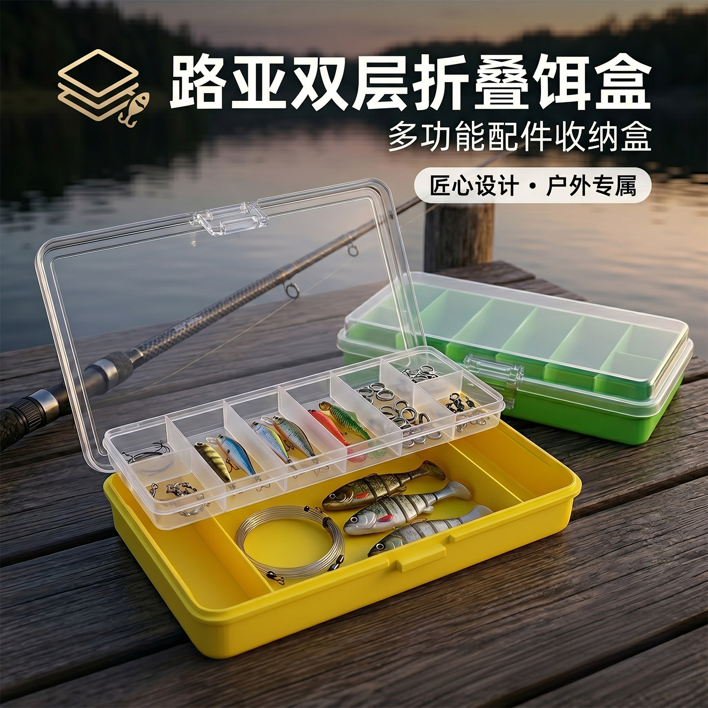 路亚配件盒双层渔具假饵收纳盒多功能鱼具垂钓小配件便携微物钩盒