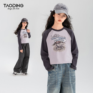 淘町女童长袖T恤春秋中大女童休闲拼接插肩袖短款印花图案打底