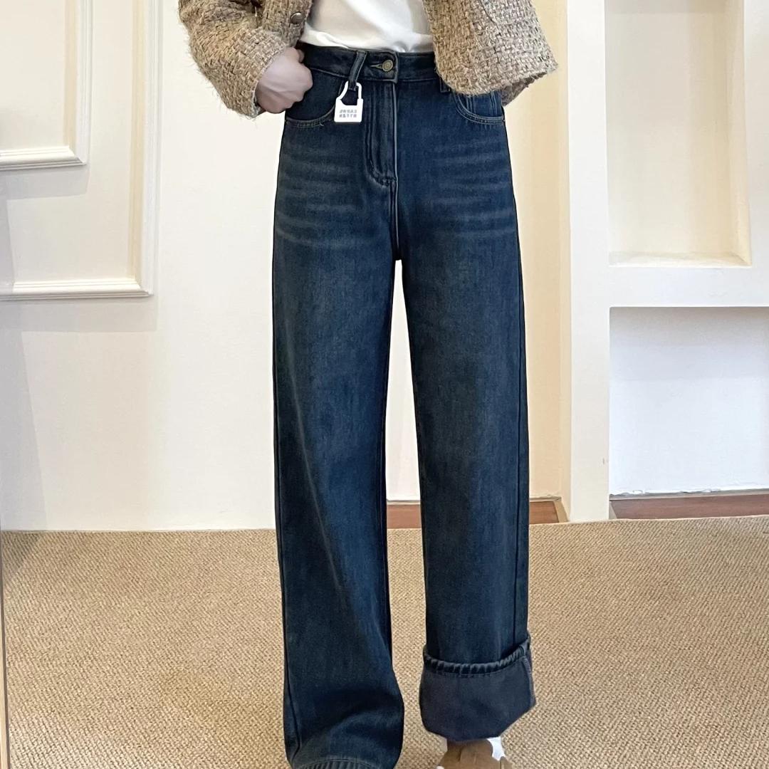 秋冬新款加绒加厚阔腿牛仔裤女宽松高腰显瘦复古百搭梨形直筒长裤