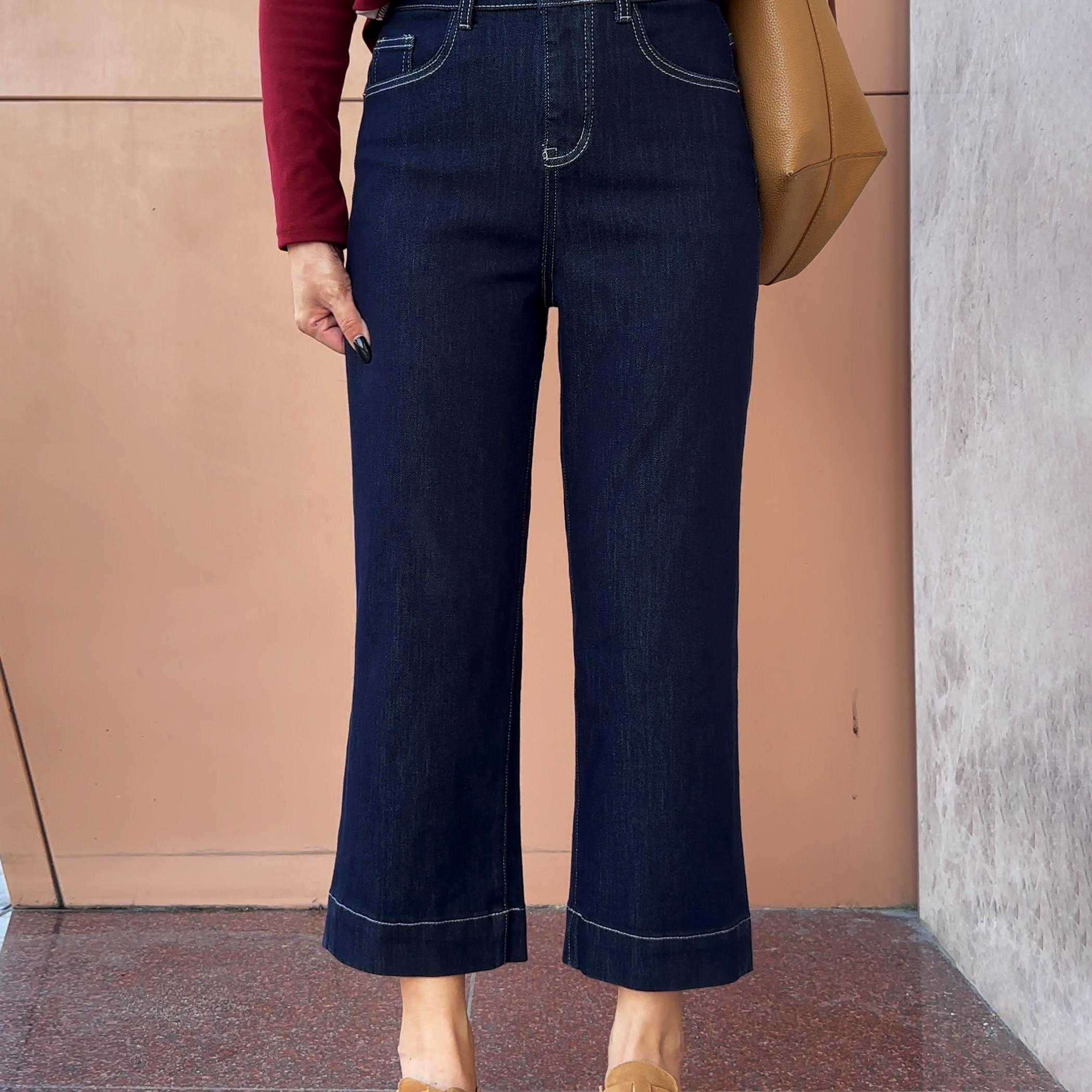 深蓝色直筒牛仔裤女2024秋冬新款