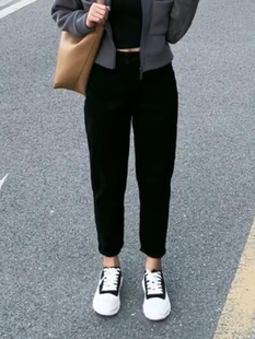 胖妹妹mm高腰宽松显瘦梨形身材哈伦老爹九分裤 大码 黑色弹力牛仔裤