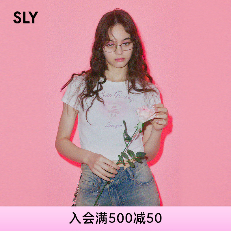 SLY 2025早秋新品甜辣爱心印花短款舒适圆领短袖T恤030IAZ01-0221