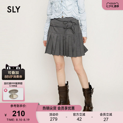 SLY 夏季新品双绑带蝴蝶结百褶裙拼接半身裙女030ISR31-5291