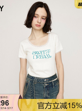 SLY 夏季新品甜美风蕾丝边字母圆领舒适短袖T恤030ISR90-3291