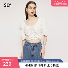 SLY 夏季新品甜辣蝴蝶结低圆领泡泡袖抽褶短袖衬衫038GSL30-5300