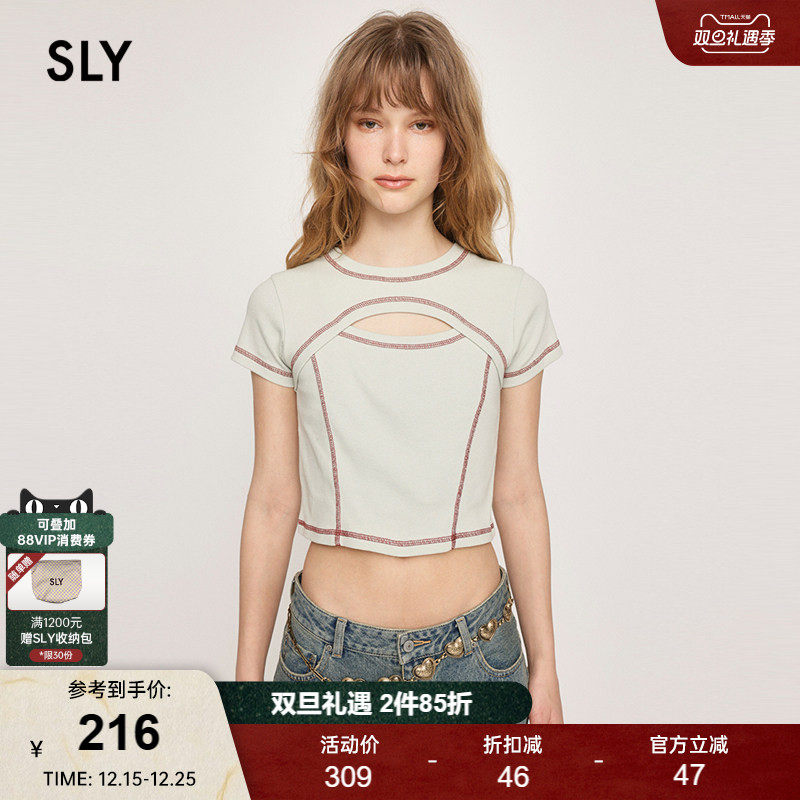 SLY美式复古辣妹镂空短款直筒T恤