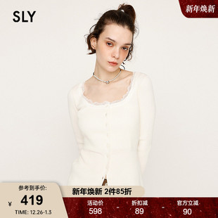 新品 女030IAZ70 淑女风蕾丝边圆领修身 针织衫 1411 长袖 SLY2025秋季