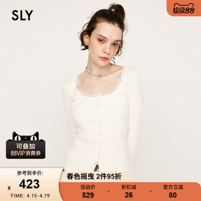 SLY春季新品淑女风蕾丝边圆领修身长袖针织衫女030IAZ70-1411