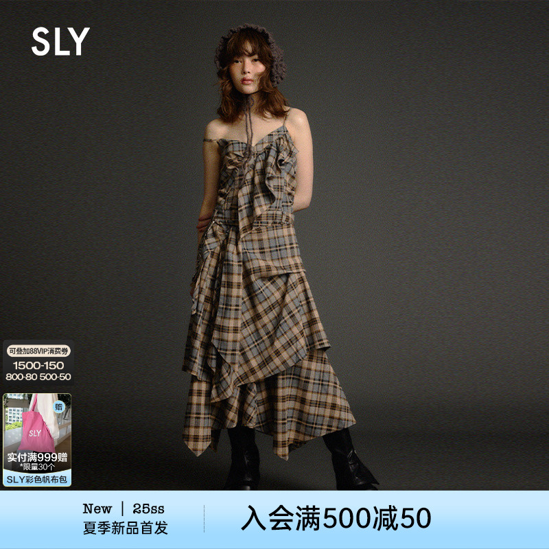 SLY2025早秋新品甜辣复古格纹不规则下摆吊带连衣裙030IAZ33-0341