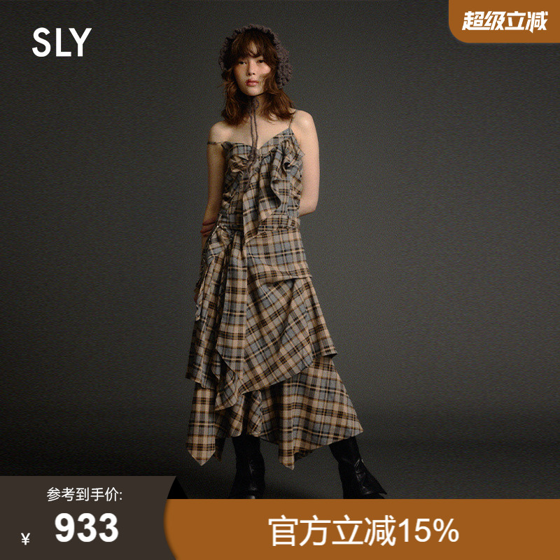 SLY2025早秋新品甜辣复古格纹不规则下摆吊带连衣裙030IAZ33-0341