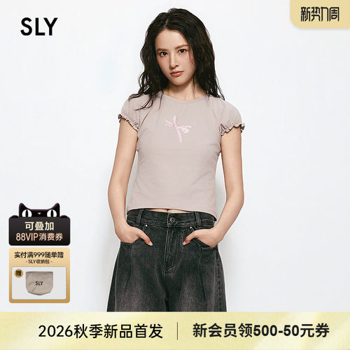 SLY 2026夏季新品甜美风波点蝴蝶结印花木耳袖边T恤038JSZ90-1004