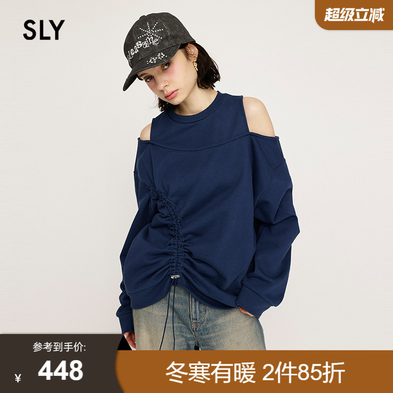 SLY 2025春季新品美式露肩抽绳褶皱长袖宽松卫衣女030ISR80-4731